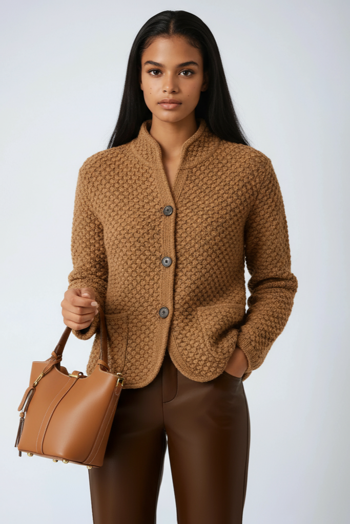 Cardigan di lana con bottoni e collo alto — Giacca in maglia invernale
