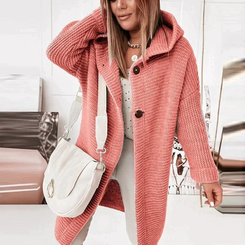 Cardigan lungo in maglia con cappuccio — Giacca lunga e calda