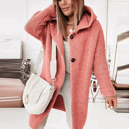 Cardigan lungo in maglia con cappuccio — Giacca lunga e calda