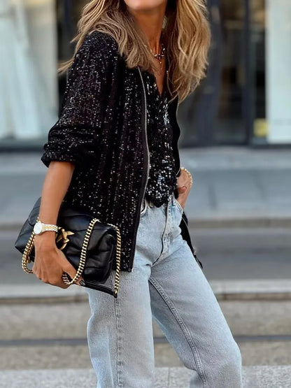 Giacca loungewear con paillettes e scollo a O — Giacca comoda con zip