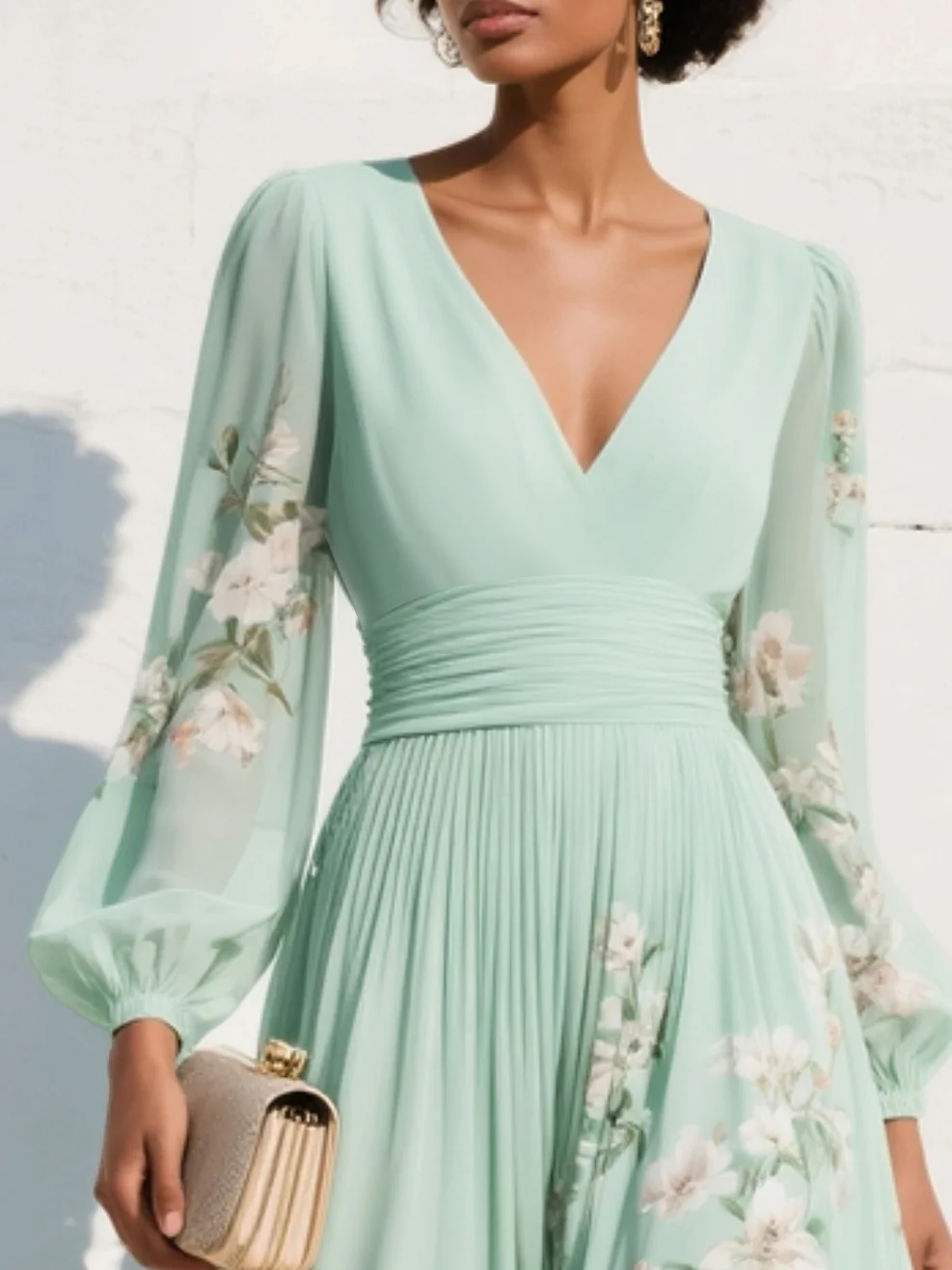 Vestido de gasa floral para mujer, mangas abullonadas