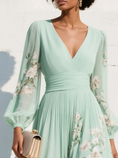 Vestido de gasa floral para mujer, mangas abullonadas