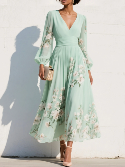Vestido midi de gasa floral con cuello en pico — Vestido romántico y elegante
