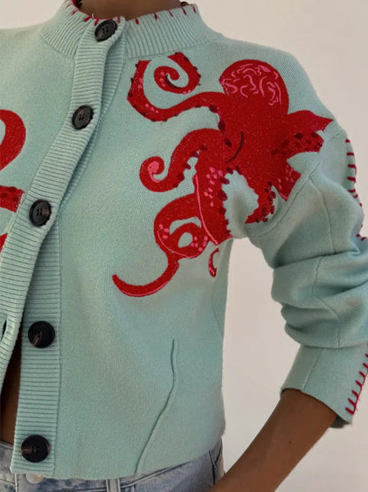 Cardigan in maglia con stampa polpo — Cardigan con bottoni