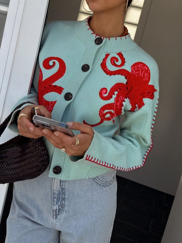 Cardigan in maglia con stampa polpo — Cardigan con bottoni
