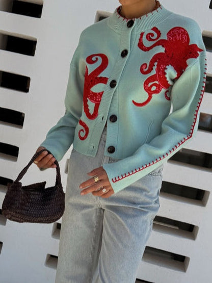 Cardigan in maglia con stampa polpo — Cardigan con bottoni