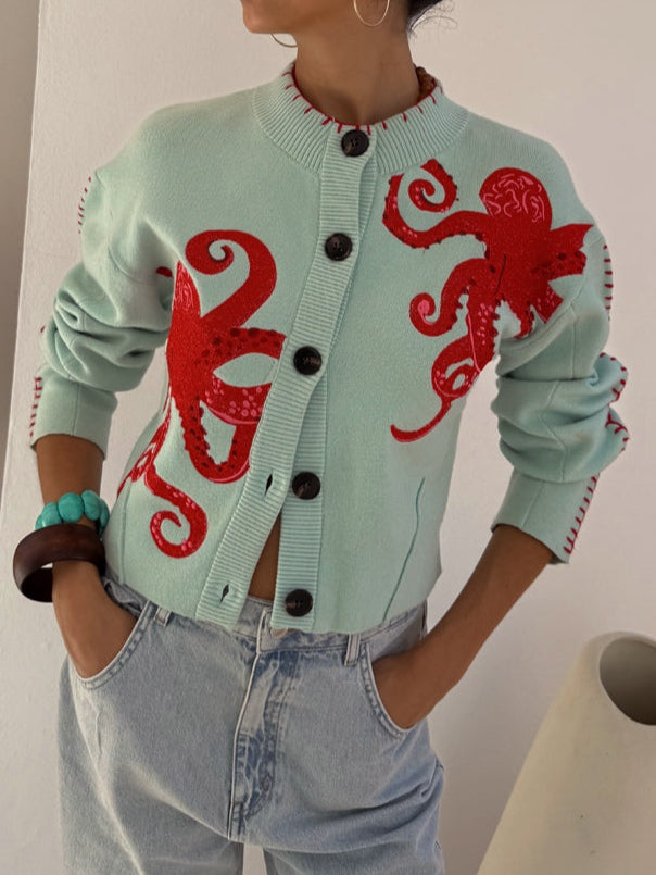 Cardigan in maglia con stampa polpo — Cardigan con bottoni