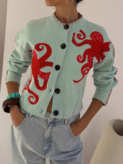 Cardigan in maglia con stampa polpo — Cardigan con bottoni