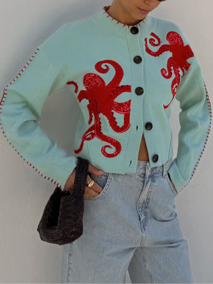 Cardigan in maglia con stampa polpo — Cardigan con bottoni