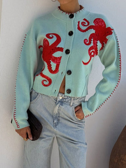 Cardigan in maglia con stampa polpo — Cardigan con bottoni
