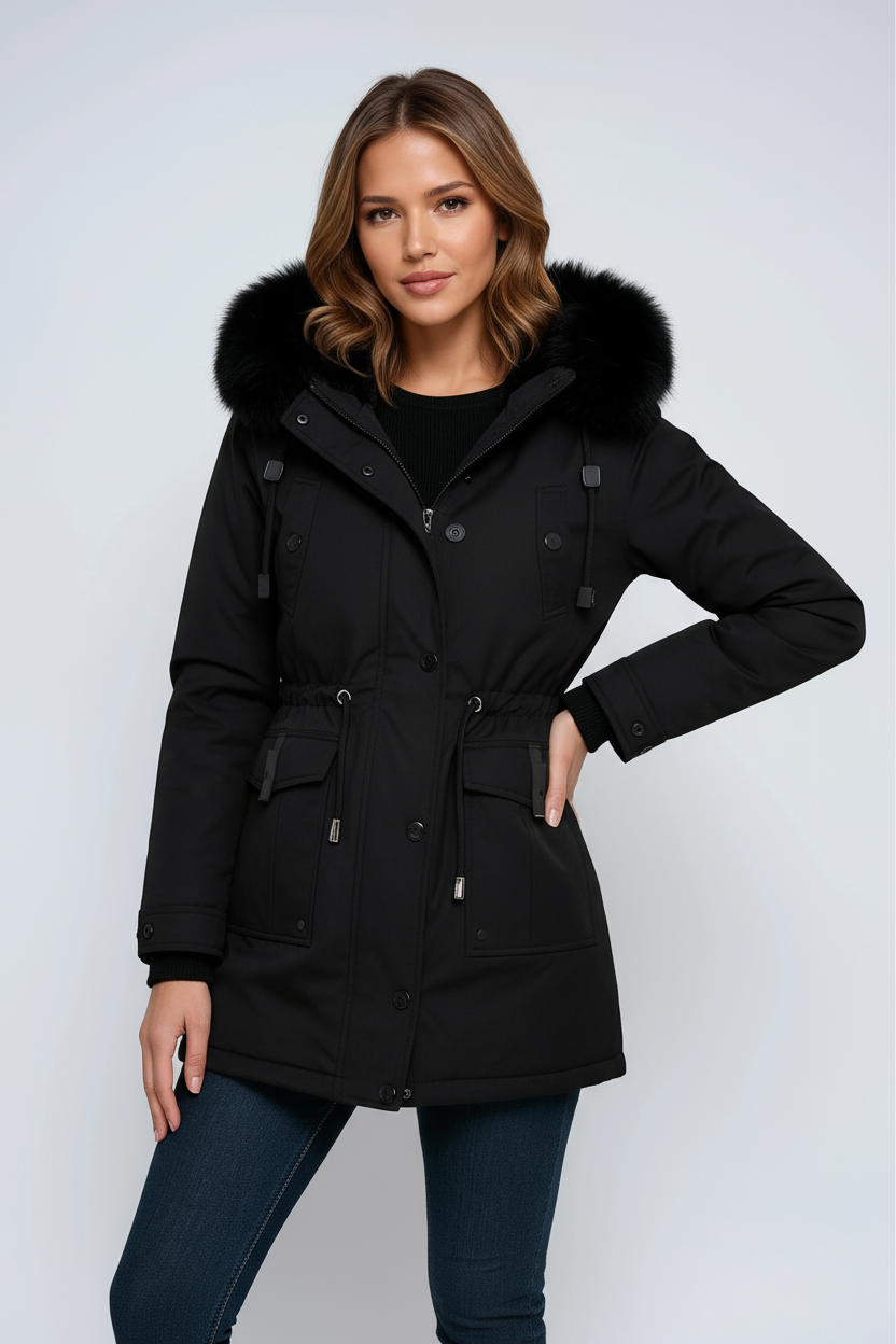 Parka invernale con cappuccio in pelliccia sintetica e vita regolabile — Cappotto imbottito
