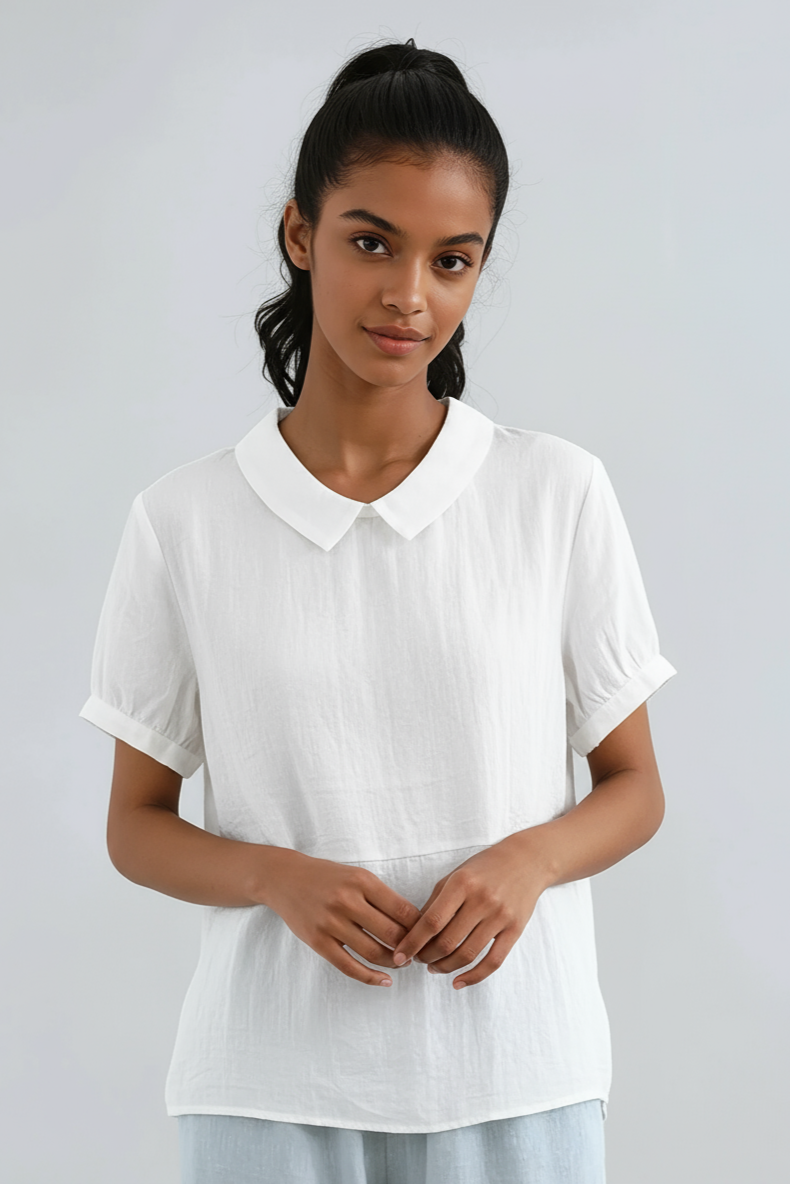 Blusa di lino con collo Peter Pan e manica corta — Blusa romantica vintage