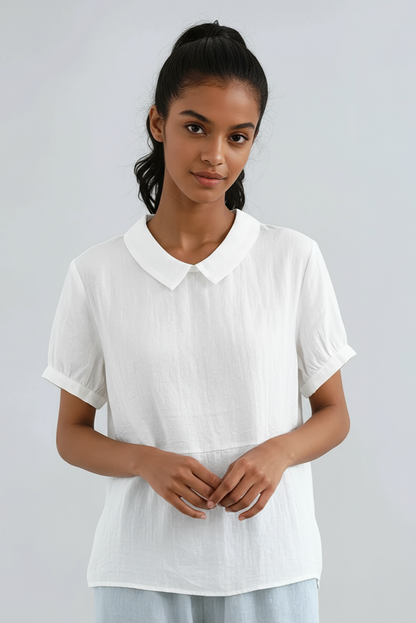 Blusa di lino con collo Peter Pan e manica corta — Blusa romantica vintage