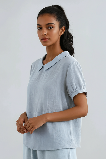 Blusa di lino con collo Peter Pan e manica corta — Blusa romantica vintage