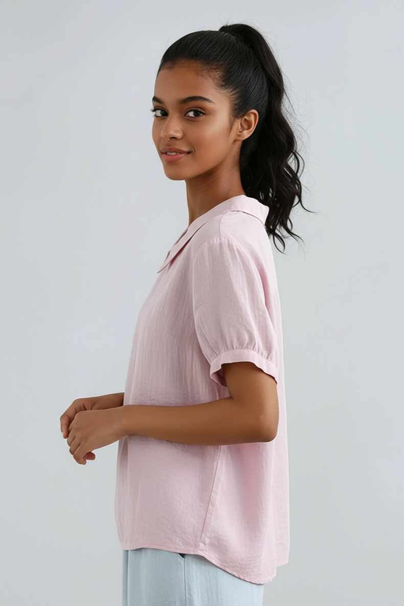 Blusa di lino con collo Peter Pan e manica corta — Blusa romantica vintage