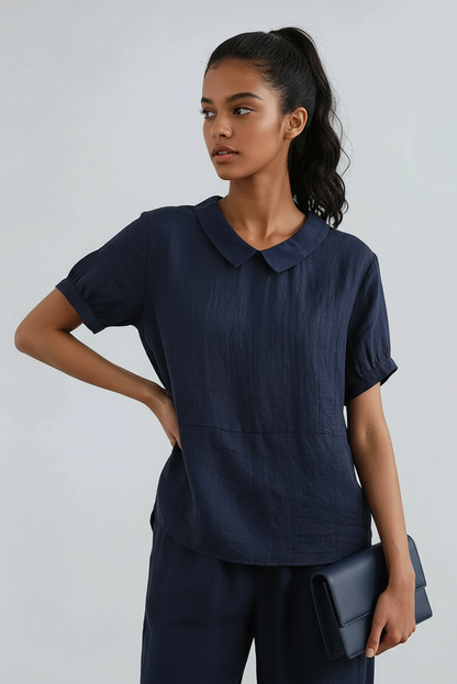 Blusa di lino con collo Peter Pan e manica corta — Blusa romantica vintage