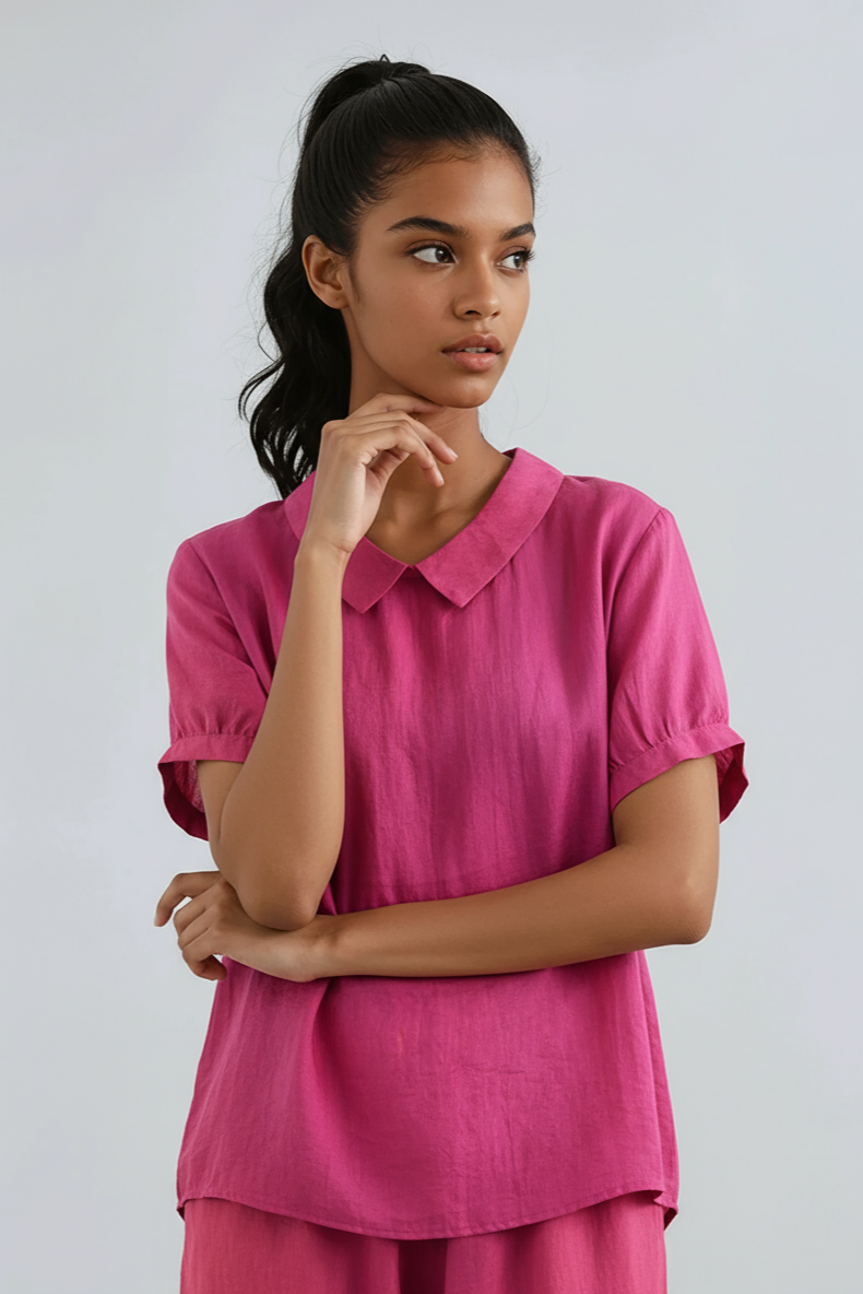 Blusa di lino con collo Peter Pan e manica corta — Blusa romantica vintage