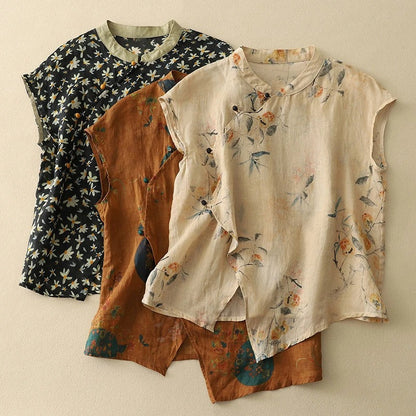 Top senza maniche vintage con collo alla coreana — Top floreale fluido