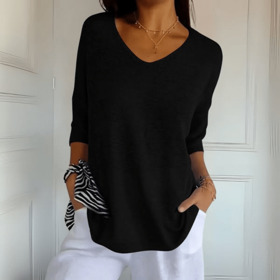 Maglione con scollo a V comodo — Maglione in maglia a manica tre quarti