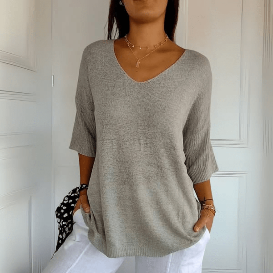 Maglione con scollo a V comodo — Maglione in maglia a manica tre quarti