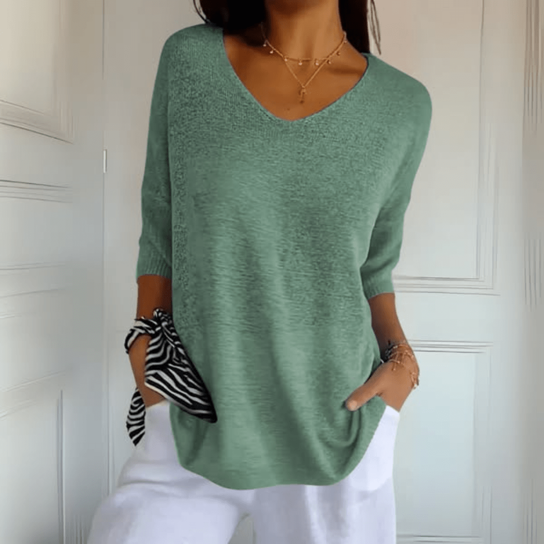 Maglione con scollo a V comodo — Maglione in maglia a manica tre quarti