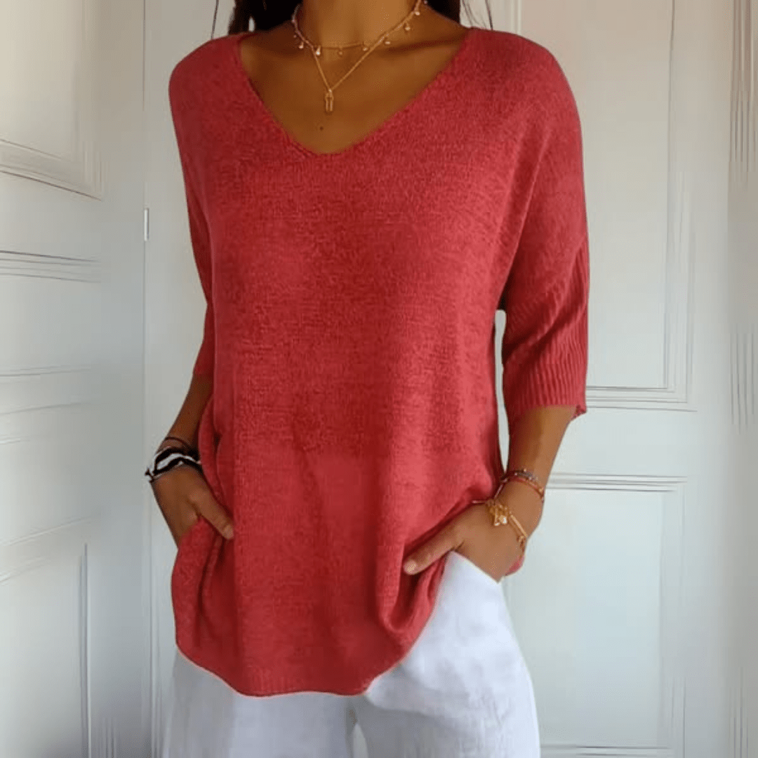 Maglione con scollo a V comodo — Maglione in maglia a manica tre quarti