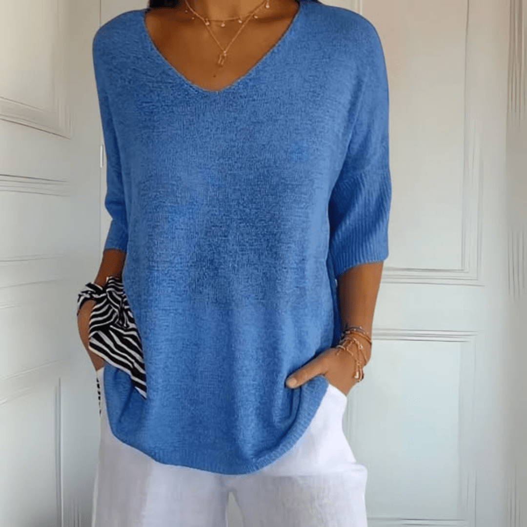 Maglione con scollo a V comodo — Maglione in maglia a manica tre quarti