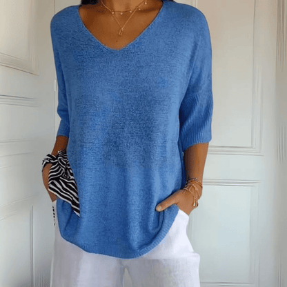 Maglione con scollo a V comodo — Maglione in maglia a manica tre quarti