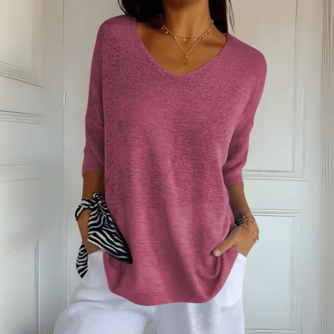 Maglione con scollo a V comodo — Maglione in maglia a manica tre quarti