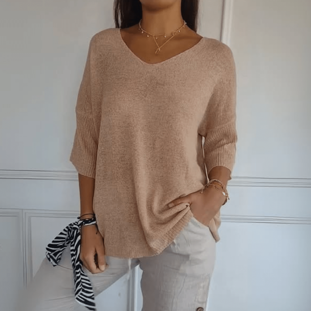 Maglione con scollo a V comodo — Maglione in maglia a manica tre quarti