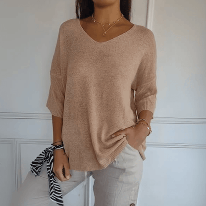 Maglione con scollo a V comodo — Maglione in maglia a manica tre quarti