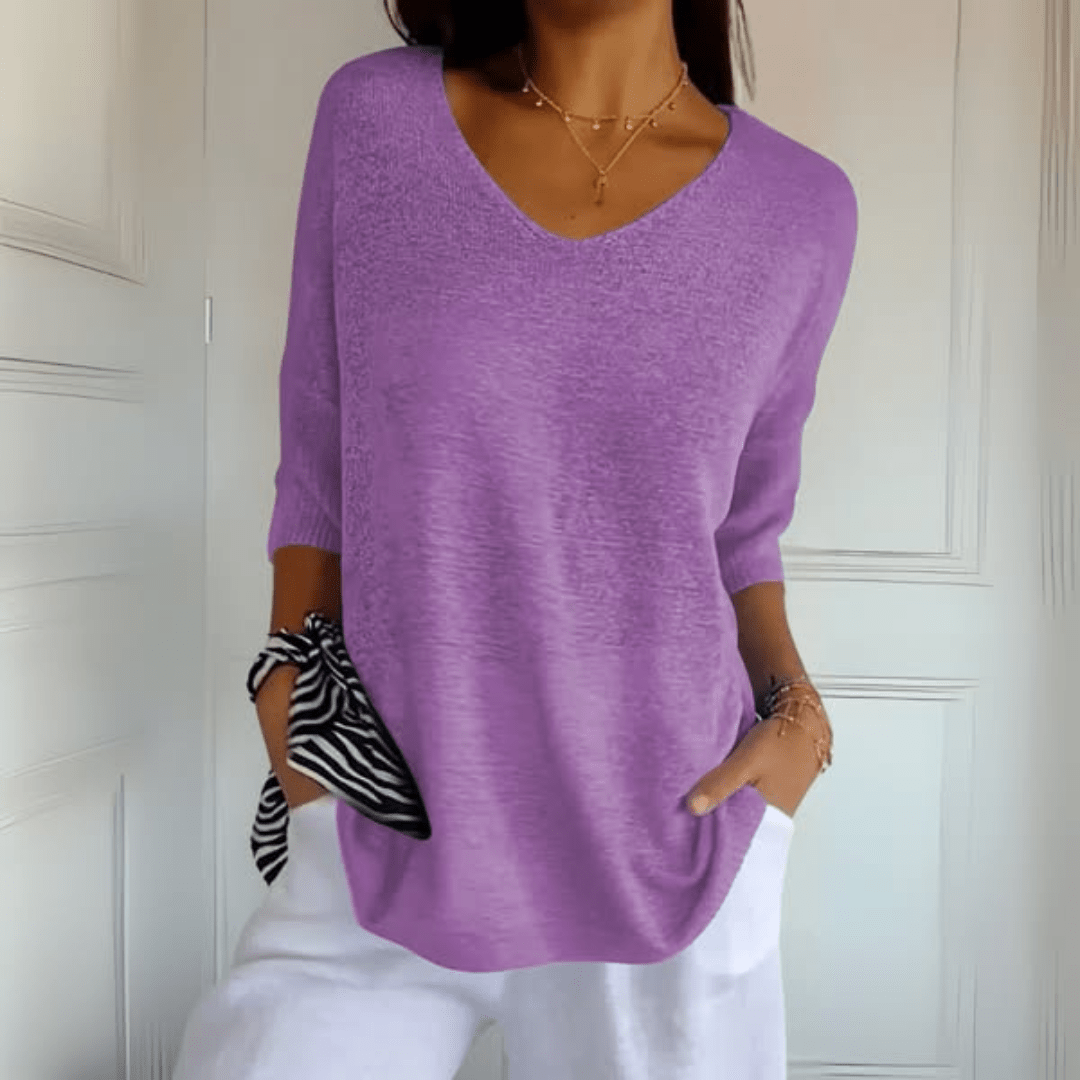Maglione con scollo a V comodo — Maglione in maglia a manica tre quarti