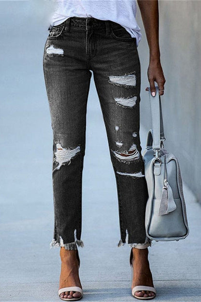 Jeans dritti con strappi e orlo sfrangiato — Jeans a vita media