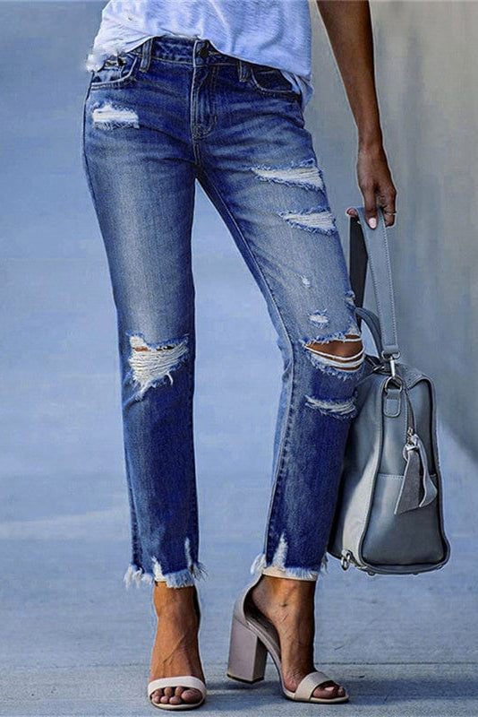 Jeans dritti con strappi e orlo sfrangiato — Jeans a vita media