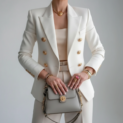 Blazer doppiopetto aderente di lino con revers a punta — Giacca elegante da vestire