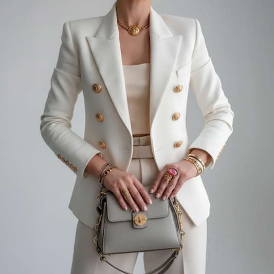 Blazer doppiopetto aderente di lino con revers a punta — Giacca elegante da vestire