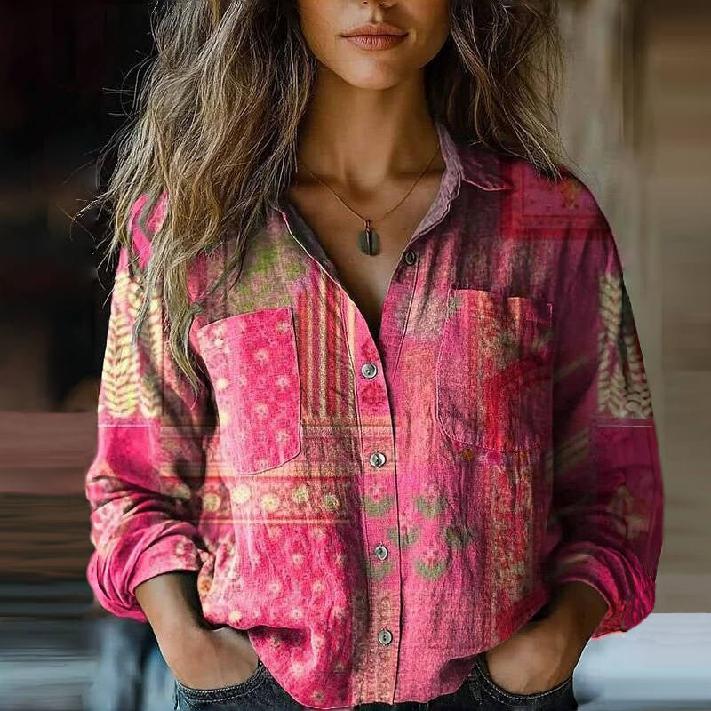 Blusa boho con stampa floreale — Blusa a manica lunga con colletto a camicia