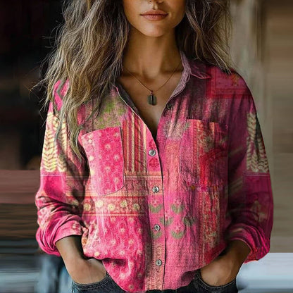 Blusa boho con stampa floreale — Blusa a manica lunga con colletto a camicia