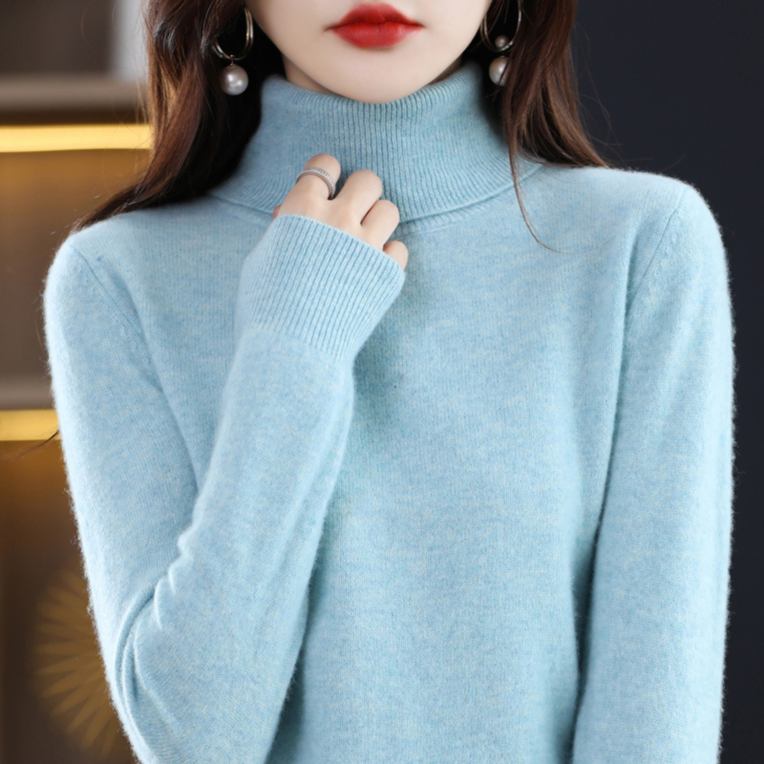 Jersey de cachemira para mujer, cuello alto