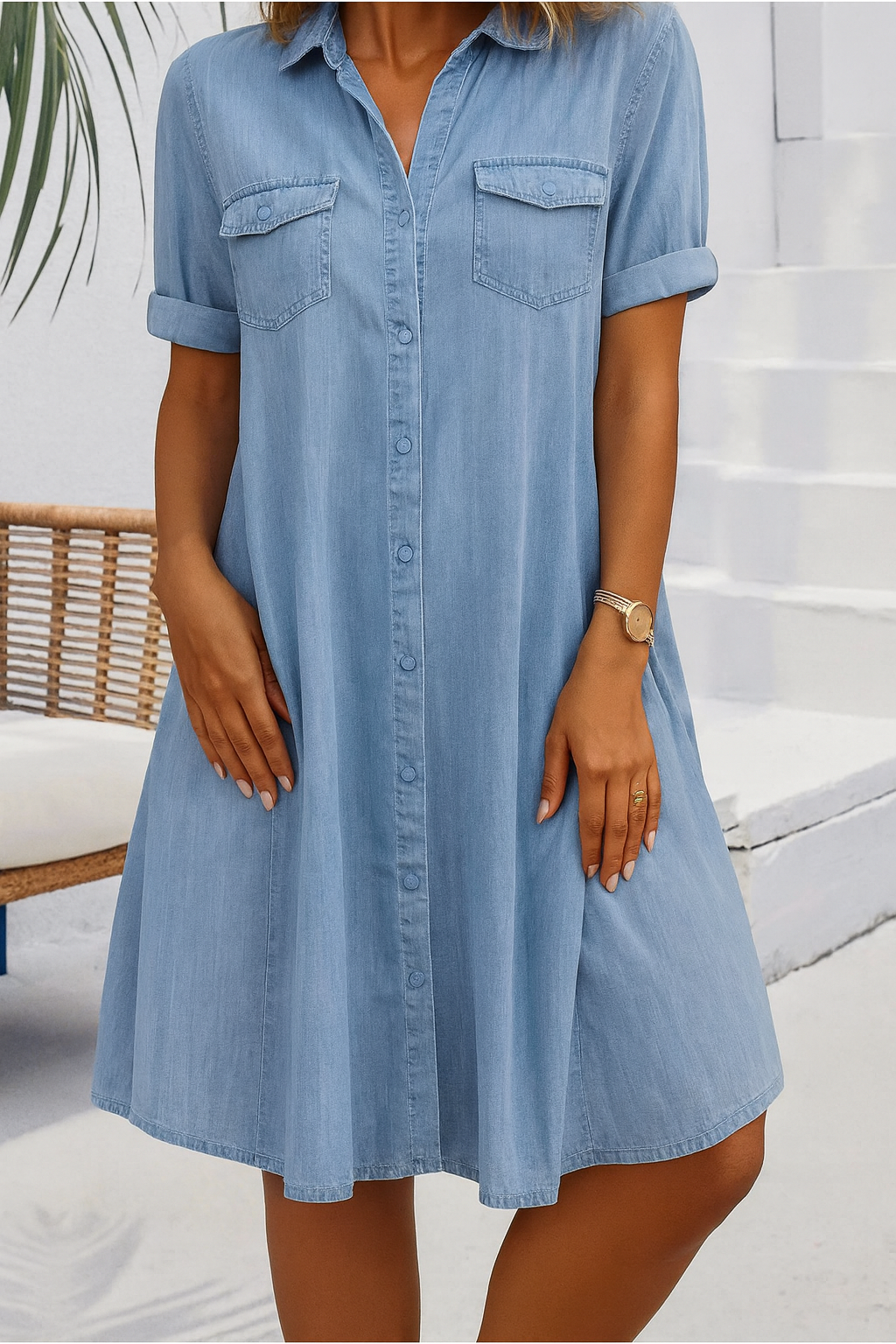 Abito camicia effetto denim leggero — Abito con bottoni e manica arrotolabile