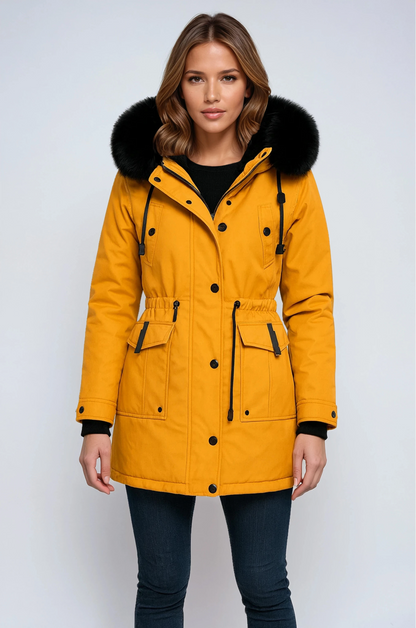 Parka invernale con cappuccio in pelliccia sintetica e vita regolabile — Cappotto imbottito