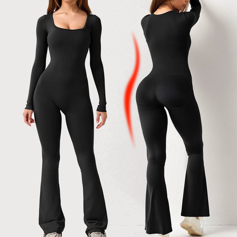 Tuta a manica lunga con scollo quadrato e gamba ampia — Tuta elegante