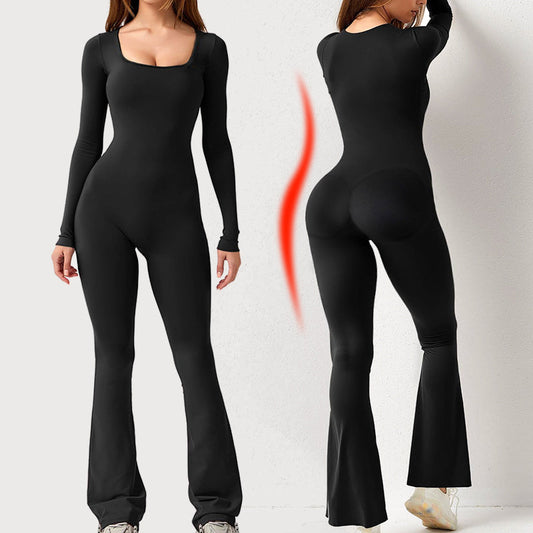 Tuta a manica lunga con scollo quadrato e gamba ampia — Tuta elegante
