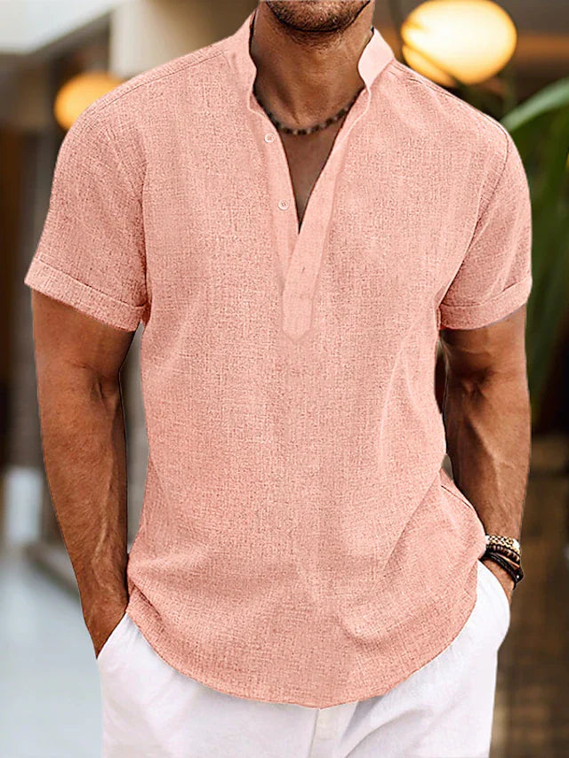 Camisa de lino de cuello Henley para hombre